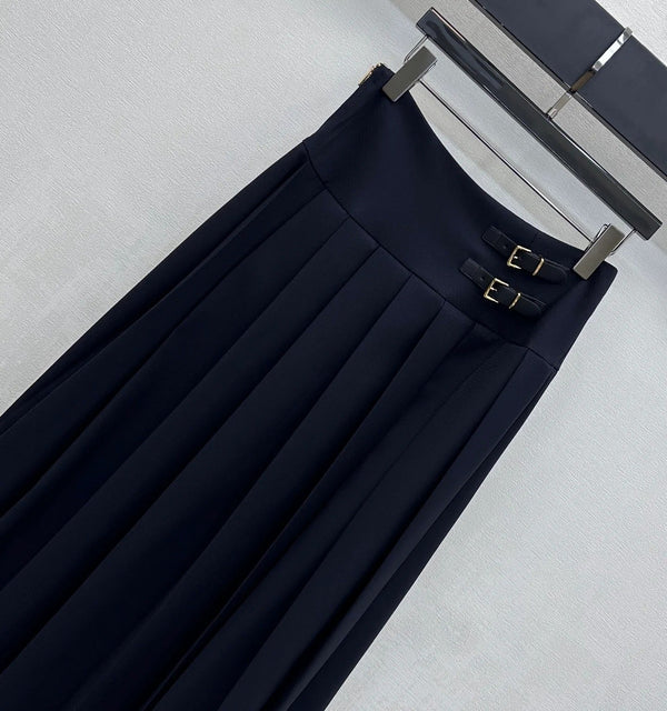 Miumiu 2026 Jupe midi plissée avec boucle en cuir Coton bleu marine 356069