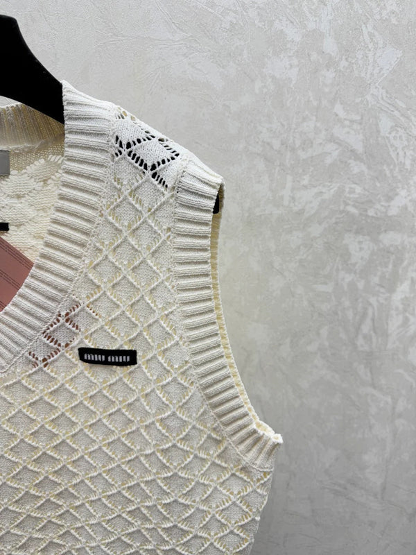 Miumiu 2026 Gilet en maille ajourée col rond Crème et violet Viscose Nylon