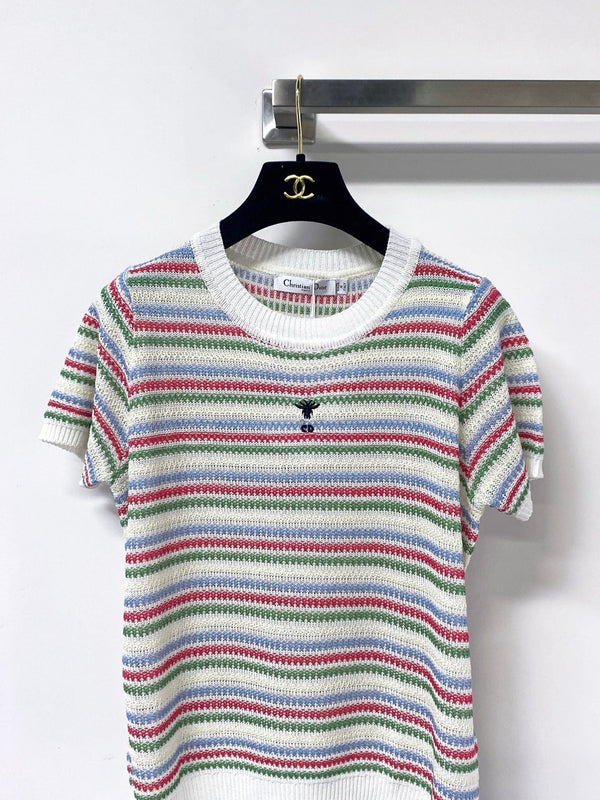 CD 2026 Multi Color Striped Knit Short Sleeve T-shirt Wool Laine 405746