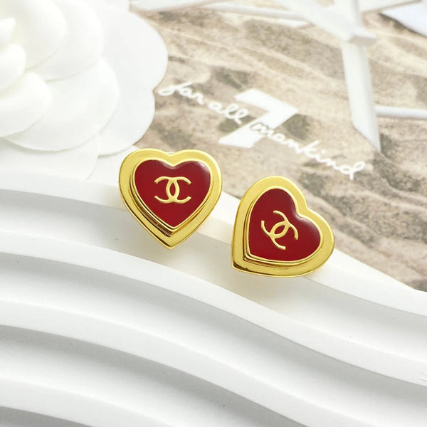 CC Black Enamel Gold Double C Heart Earrings