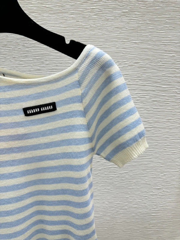 Miumiu 2026 Striped Knit Short-Sleeve Blue and Black Wool Polyester 132745