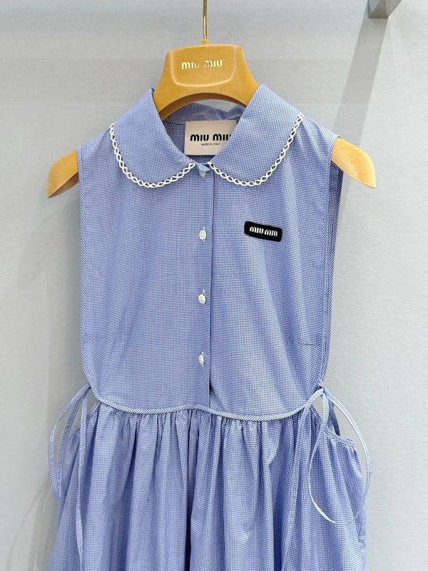 Robe sans manches à carreaux en coton bleu Miu Miu 2026