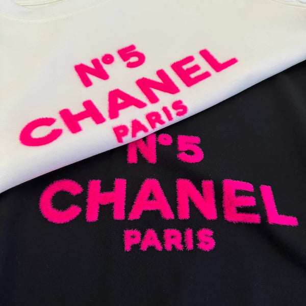 Chanel 2026 T-shirt Rose Lettre T Blanc Noir Coton 359108