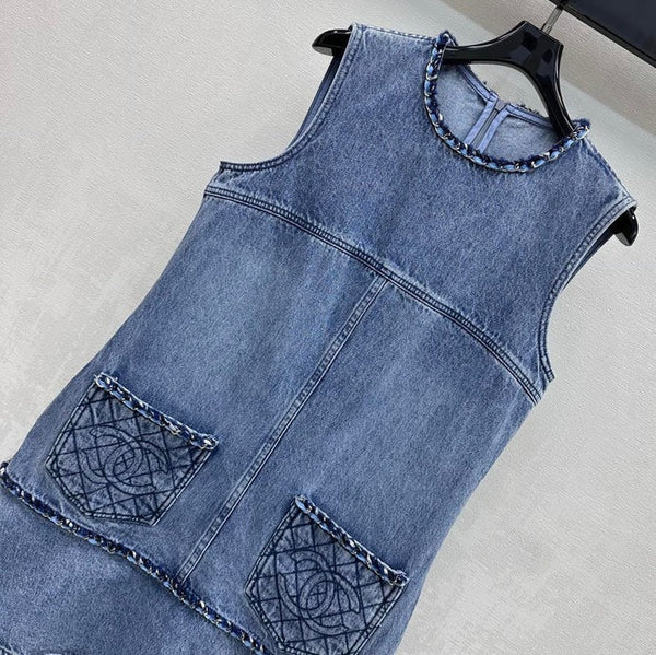 Chanel Robe Gilet en Jean Brodé Coton Bleu 2026 356148