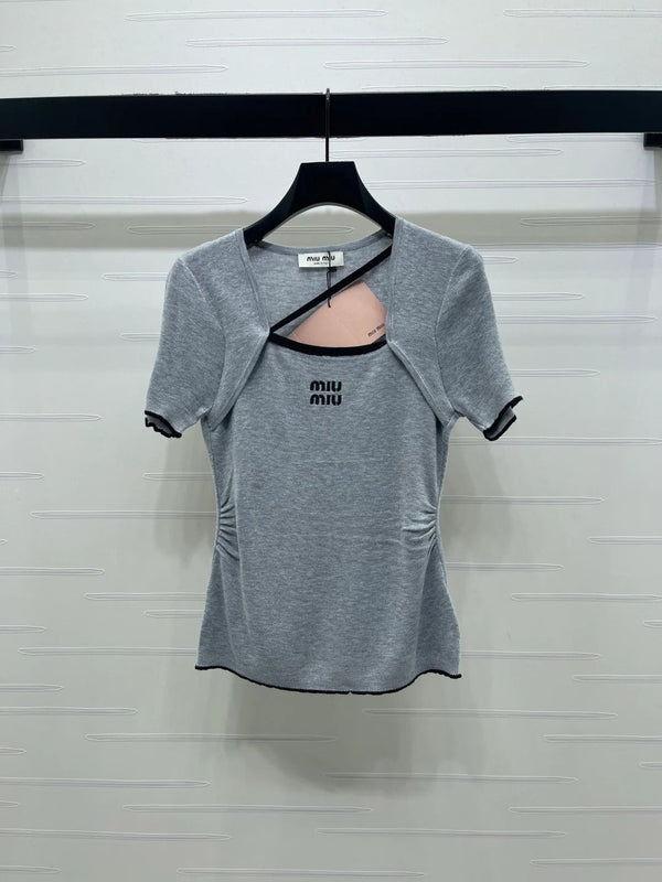 Miumiu 2026 Square Neck Knit Short-Sleeve Top Wool Cashmere 355575