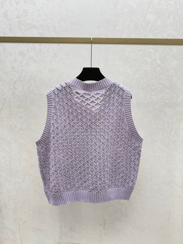 Miumiu 2026 Gilet en maille ajourée col rond Crème et violet Viscose Nylon