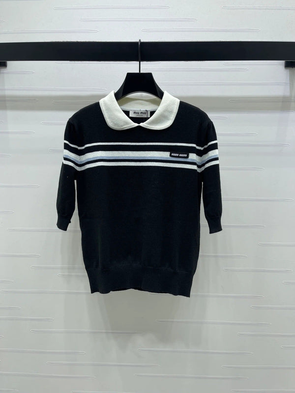 Haut à manches courtes en maille à col claudine Miumiu 2026, crème et noir, Tencel 352458