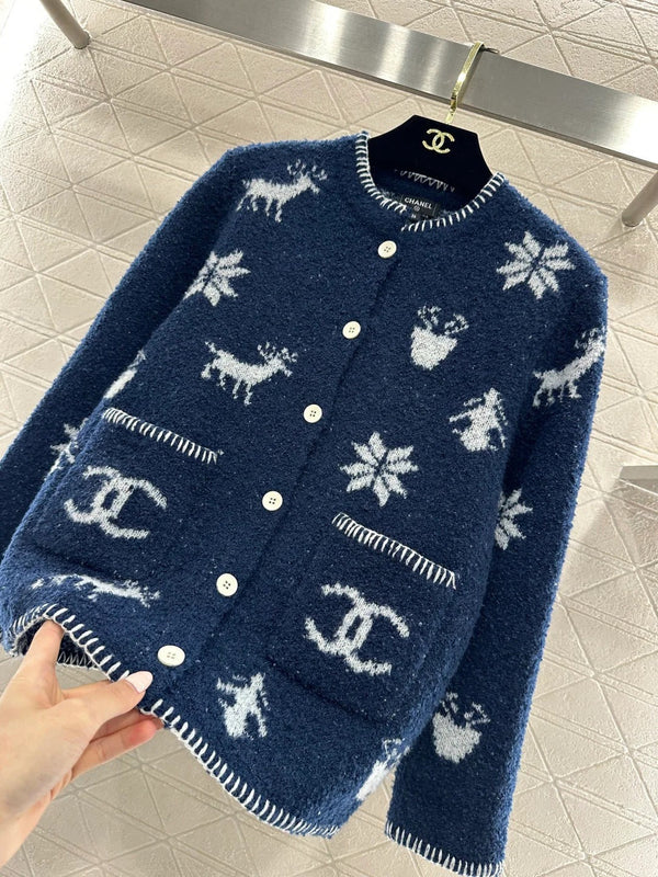 CC 26 Cardigan motif flocon de neige bleu mélangé laine blanche 329713