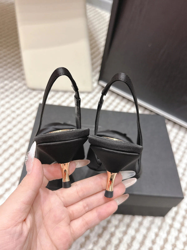 YSL 26ss Slingback 50 Black Satin Leather 654681