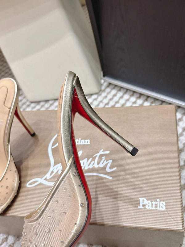 CL 26SS Mules à talons hauts 100 Cuir et résille champagne doré Strass 658053