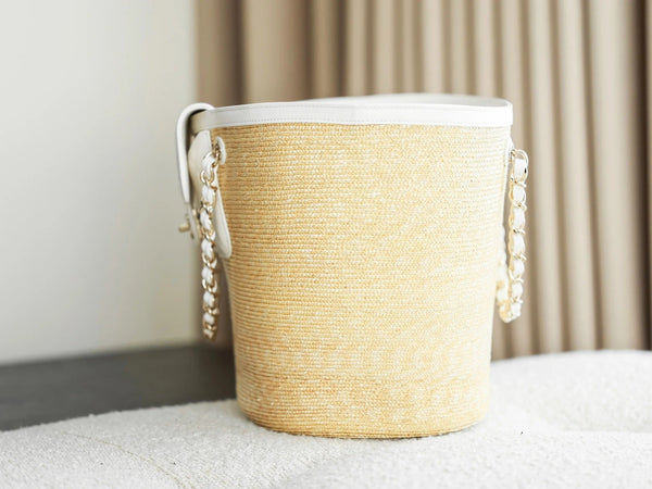 Chanel 2026 Shopping Bag 53cm Beige White Straw Lambskin