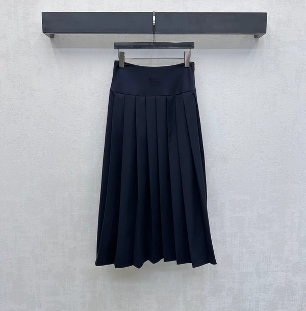Miumiu 2026 Jupe midi plissée avec boucle en cuir Coton bleu marine 356069