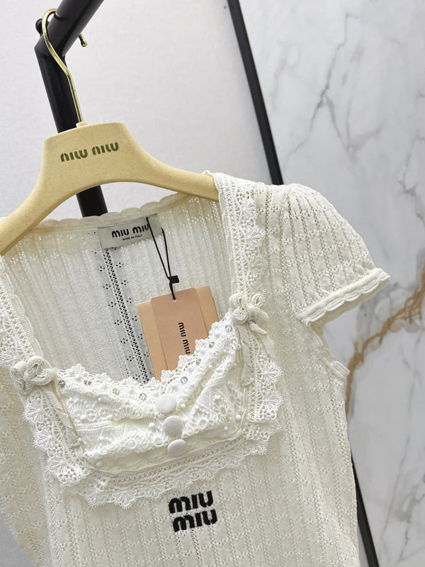 Miu 2026 Slim-fit Short-sleeved Knit Top Cotton 445784