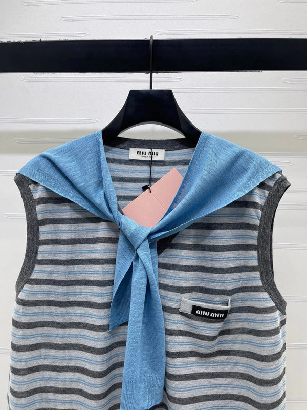 Miu 2026 V-neck Striped Knit Vest Blue Grey Wool 397412