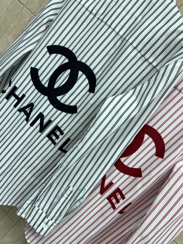 Chemise rayée brodée logo Chanel 2026 en coton rose et noir 355062