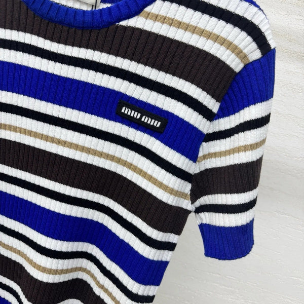 Miumiu 2026 T-shirt rayé Bleu Blanc Marron Laine Cachemire 356974