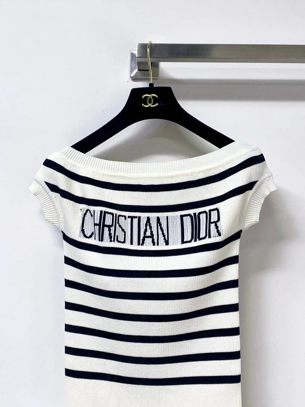 CD 2026 Striped Off-Shoulder Knit Top White Black Wool 396617