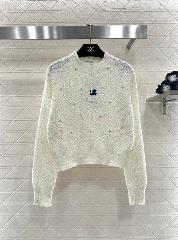 Pull ras du cou orné de sequins CC 26 crème rouge laine 331243