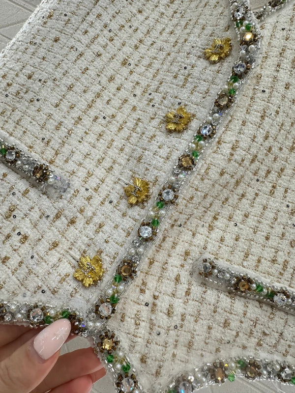 CC 26 Gilet à col bénitier orné de strass, en coton et laine crème 331227