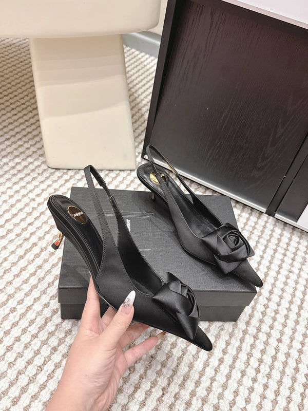 YSL 26ss Slingback 50 Black Satin Leather 654681