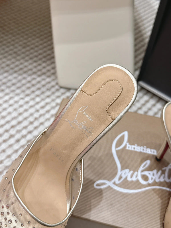 CL 26SS Mules à talons hauts 100 Cuir et résille champagne doré Strass 658053
