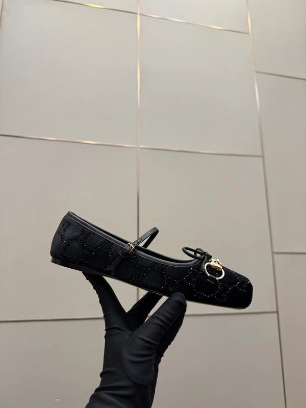 Gucci 2026 Crystal Rhinestone Ballet Flat Black Velvet Leather 629715