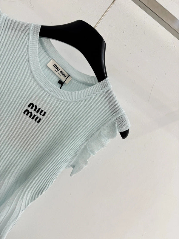 Miu 2026 Ruffled Sleeveless Knitwear Light Blue Cotton 516685