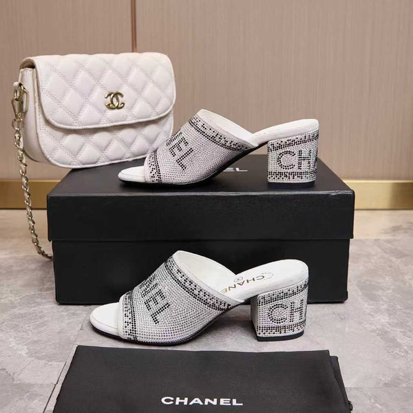 CC 2026 Rhinestone Mules Block Heel And Lettered Design Leather 778400