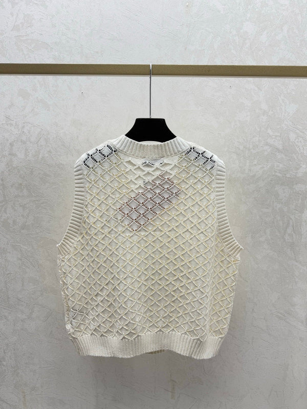 Miumiu 2026 Gilet en maille ajourée col rond Crème et violet Viscose Nylon