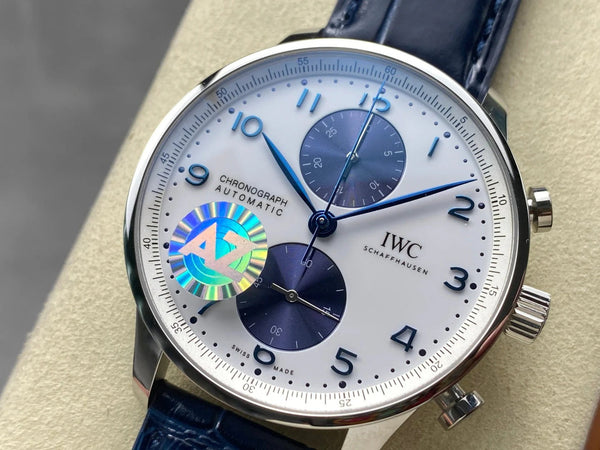 IWC Portuguese 41mm White Blue Dial Steel Case Navy Blue Crocodile Leather