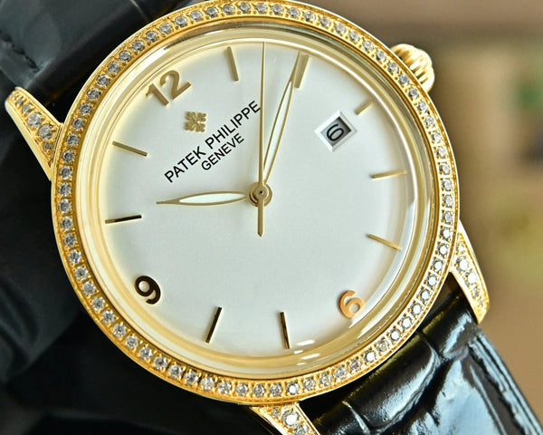 Patek Philippe Calatrava 40mm Diamond Benzel White Dial Black Strap