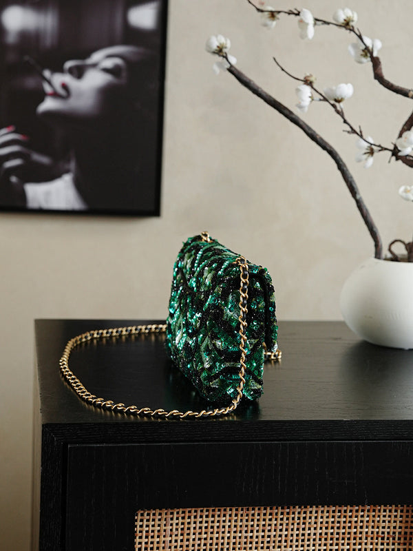 Chanel 2026 Flap Bag 20cm Green Mix Colors Sequin Leather