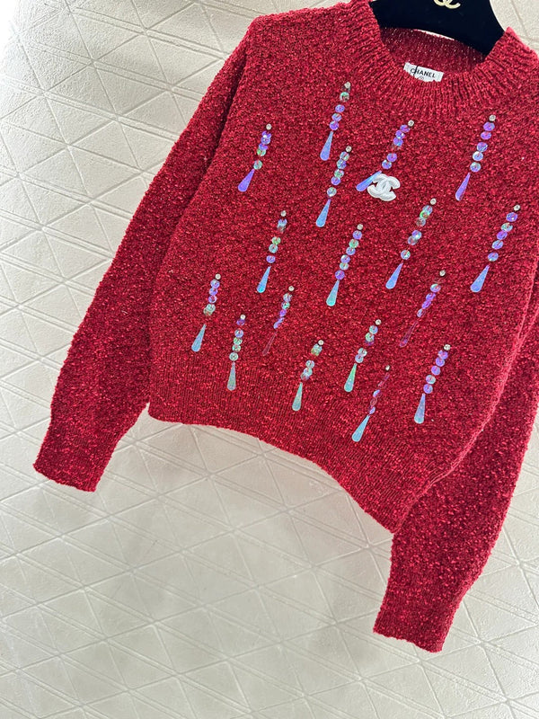 Pull ras du cou orné de sequins CC 26 crème rouge laine 331243