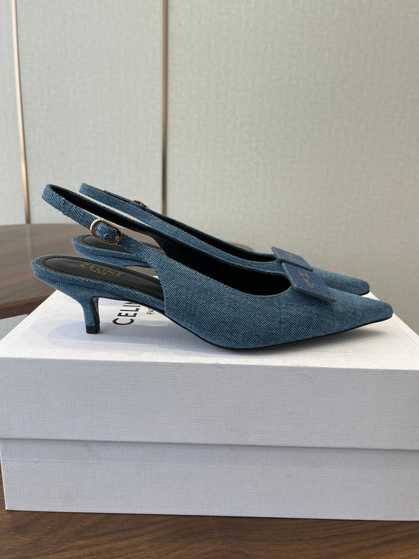 Celine 26 Pointed-Toe Slingback Blue Denim 624685