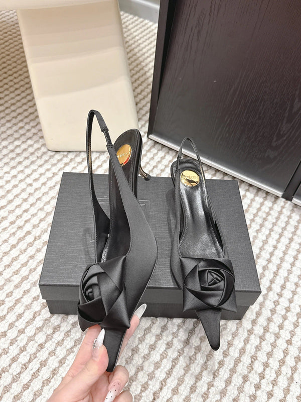 YSL 26ss Slingback 50 Black Satin Leather 654681