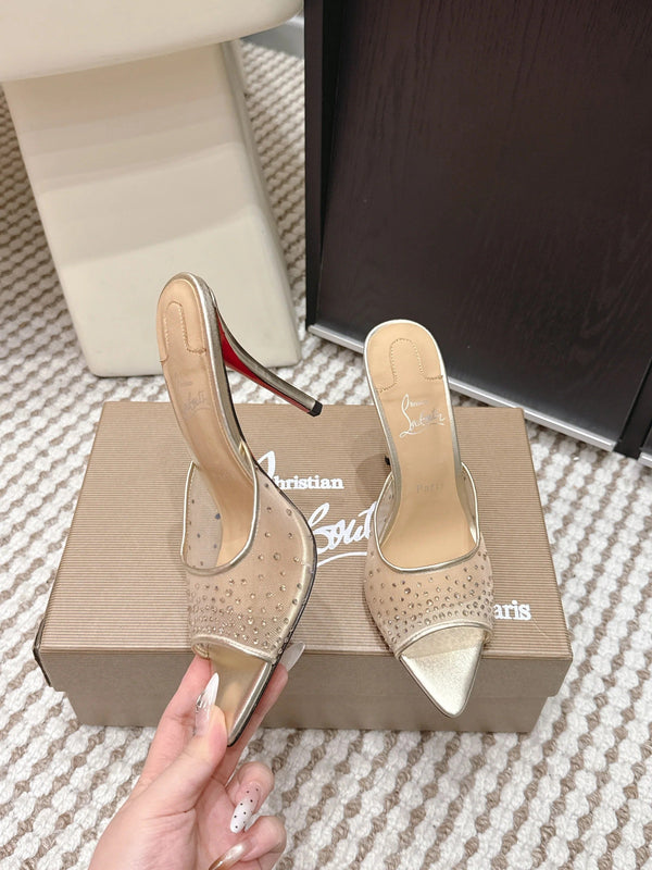CL 26SS Mules à talons hauts 100 Cuir et résille champagne doré Strass 658053
