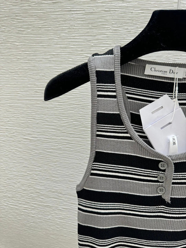 CD 2026 Striped Crew Neck Knitted Vest Grey Black Wool 452202