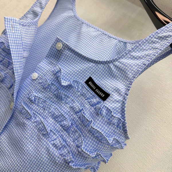 Miu 2026 Checkered Vest and Skirt Set Blue Polyester Cotton 431848