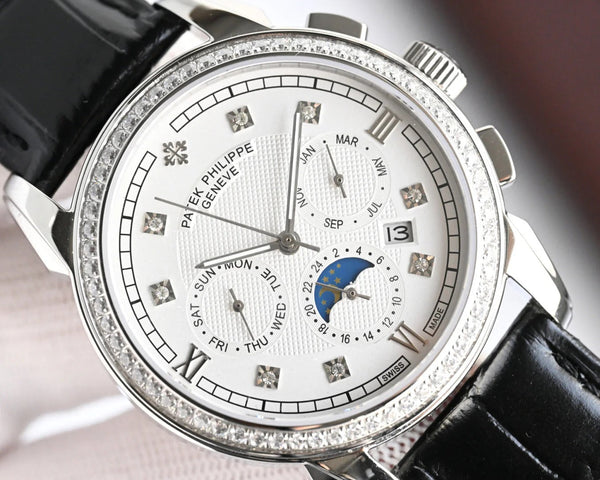 Patek Philippe Annual Calendar 42mm Diamond Benzel Black Leather Strap