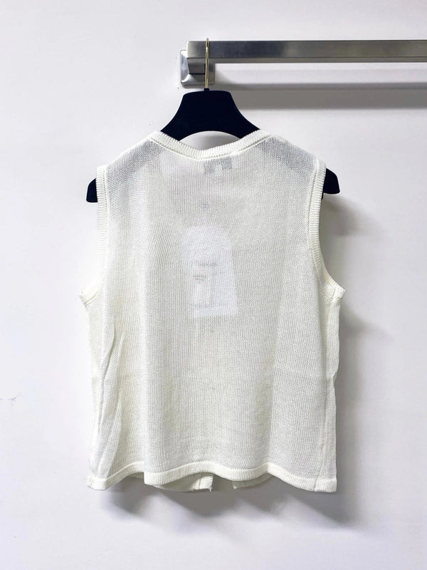 CC 2026 White Sleeveless Knit Vest Gold Embroidery Wool 416251