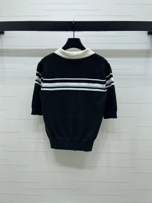 Haut à manches courtes en maille à col claudine Miumiu 2026, crème et noir, Tencel 352458