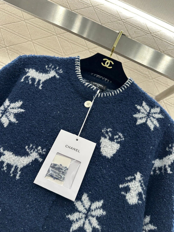 CC 26 Cardigan motif flocon de neige bleu mélangé laine blanche 329713