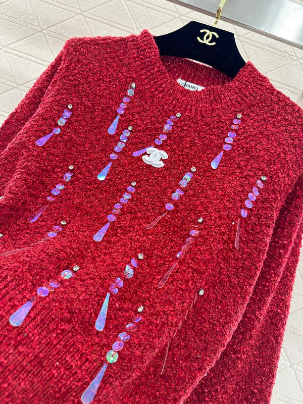 Pull ras du cou orné de sequins CC 26 crème rouge laine 331243