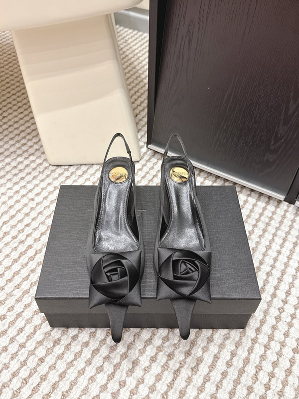 YSL 26ss Slingback 50 Black Satin Leather 654681