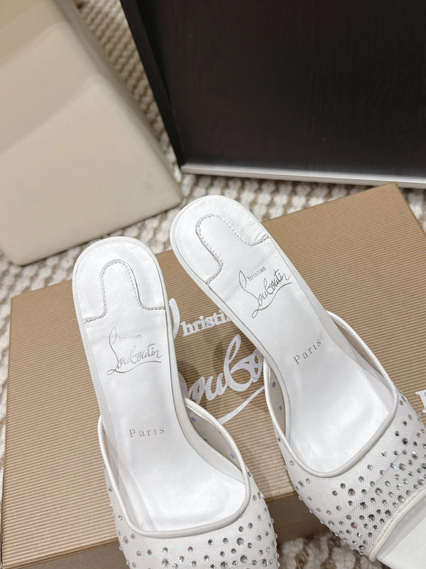 CL 26SS Mules à talons hauts 100 Blanc Mesh Strass Cuir 658052
