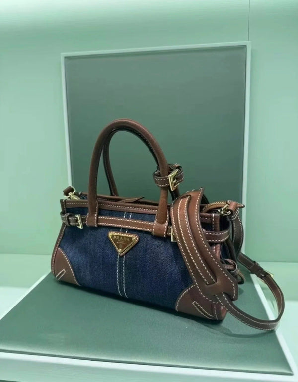 Prada 2026 Bonnie Bag 24cm Blue Brown Denim Leather