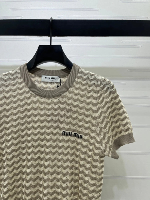 Miu 2026 Hollow-out Knit Short-sleeved Top Tencel Cotton 395656