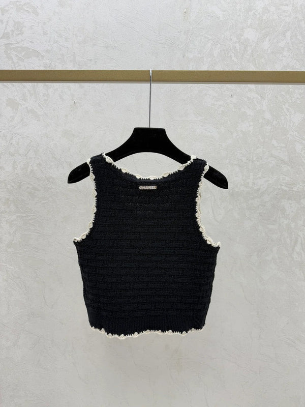 Chanel 2026 Crochet Knit Vest Black and Off-White Wool
