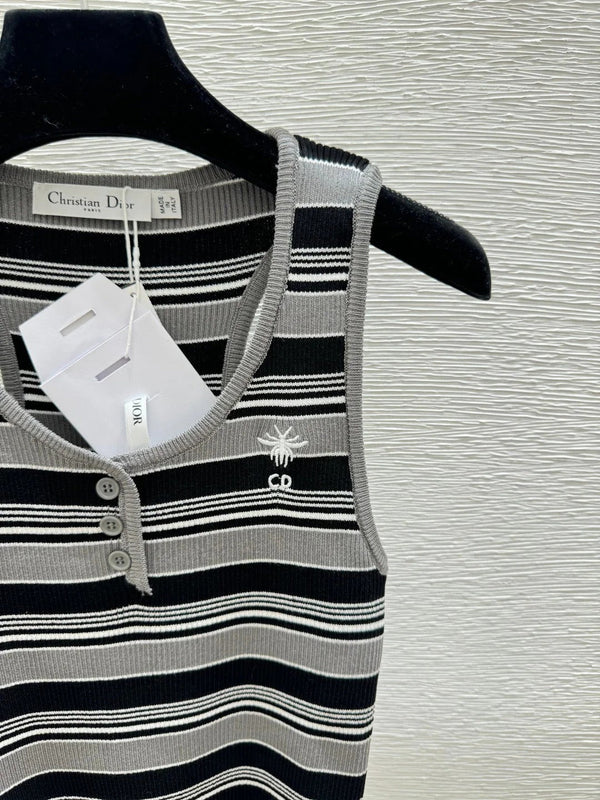 CD 2026 Striped Crew Neck Knitted Vest Grey Black Wool 452202