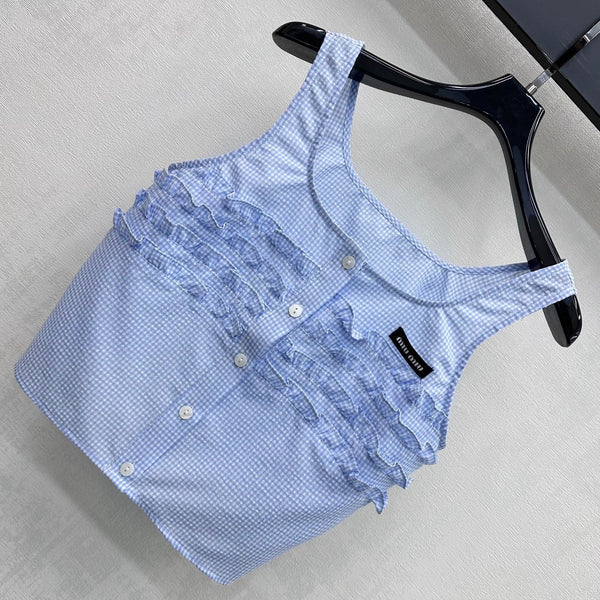 Miu 2026 Checkered Vest and Skirt Set Blue Polyester Cotton 431848